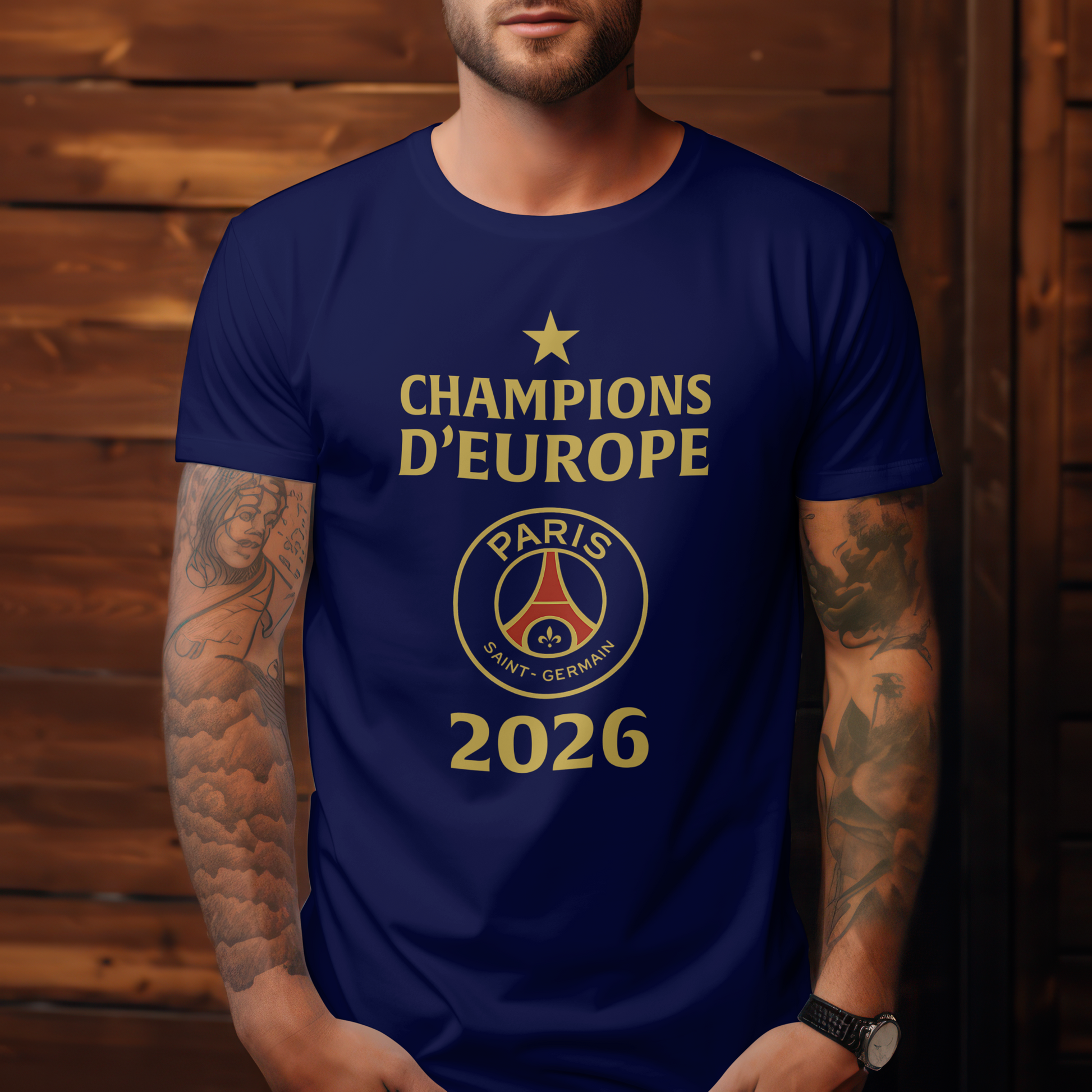 A navy unisex t-shirt featuring the design includes a gold star at the top, the words 'CHAMPIONS D’EUROPE' in gold, the Paris Saint-Germain crest in the center, and the year '2026' in large gold numbers. European Champions League 2026